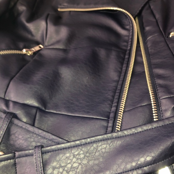 Navy Blue Leather Moto Jacket - Picture 4 of 6